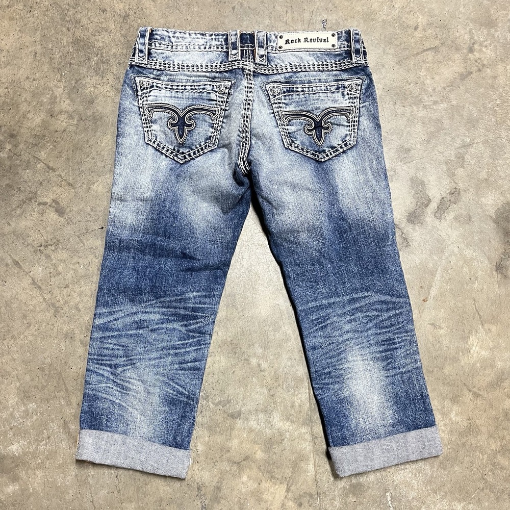 Rock Revival Peria Capri Slim Fit Med Wash Blue Denim Embroidered Womens 28 Y2K